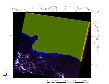 5 Proses penghilangan daerah Lautan (a) Citra Landsat 5-TM dengan daerah lautan, (b) Mask daerah daratan, (c) Citra Landsat 5-TM tanpa daerah lautan 3.