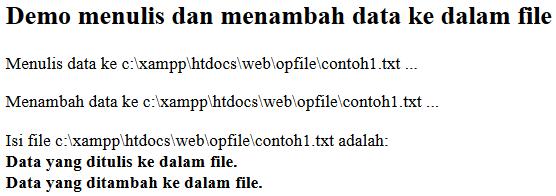 Tampilan: Pada praktikum kali ini, mula-mula kita membuat file baru dengan nama contoh1.txt dan menempatkannya di direktori C:\xampp\htdocs\web\opfile.