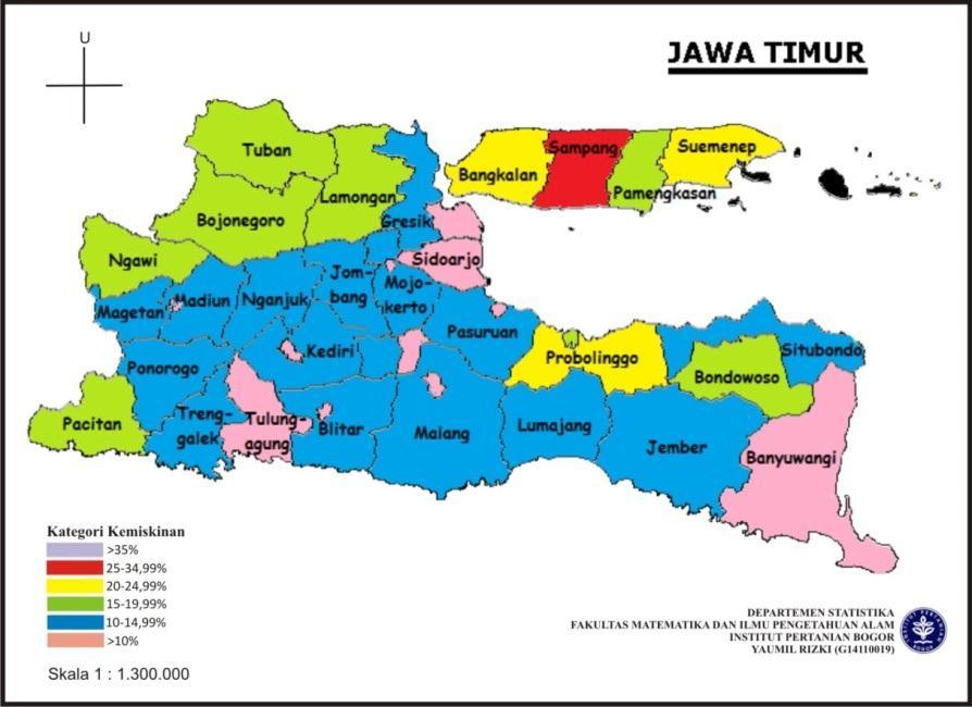 10 Gambar 2 Peta sebaran kemiskinan kabupaten di Jawa Timur Peta tematik pada Gambar 2 menunjukkan bahwa tidak ada kabupaten di Jawa Timur yang masuk dalam zona prioritas pertama.
