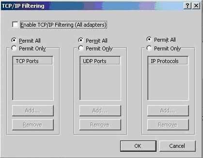 14. Klik OK beberapa kali untuk menutup semua kotak dialog yang terbuka Gambar 6. Mengatur filter-filter paket TCP/IP di dalam kotak dialog TCP/IP Filtering.