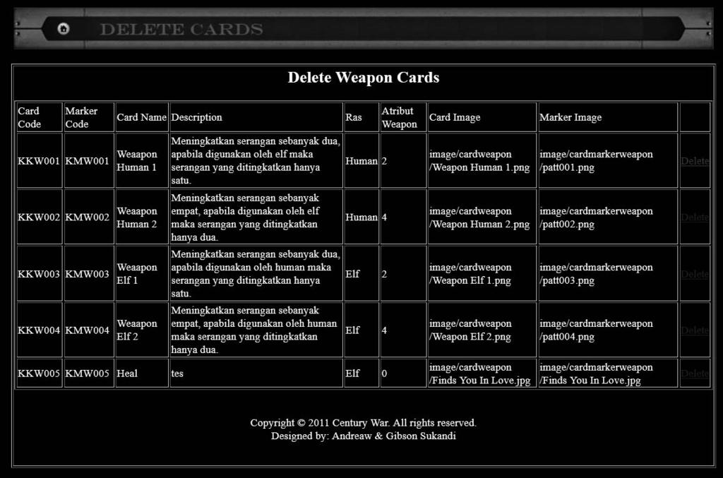 48 2. Halaman Delete Weapon Cards Halaman ini menampilkan halaman untuk menghapus data kartu pada weapon, sehingga admin dapat menghapus data kartu yang ada pada basis data.