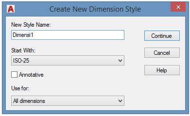 Setelah Anda klik New maka akan muncul kotak dialog Create New Dimension Style, isilah namanya (misal Dimensi1), lalu klik