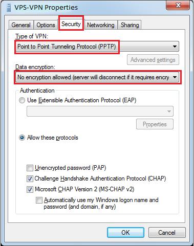 Pada menu tab Security, tentukan jenis VPN misalnya PPTP VPN tanpa Enkripsi. Gambar 4.