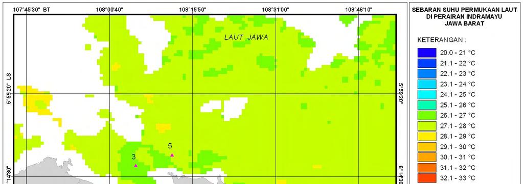 34 Sebaran suhu permukaan laut pada tanggal 10 Agustus 2005 (Gambar 17) memperlihatkan distribusi SPL yang lebih hangat dibandingkan tanggal 9 Agustus 2005.