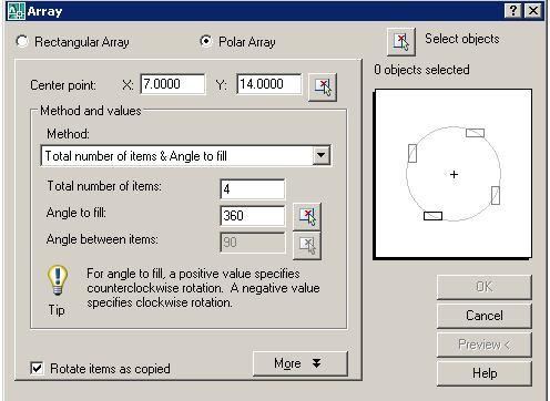 Polar array Command: array atau klik Center point (klik 1 lalu klik titik pusat perputaran) Total number of items (jumlah hasil copy) Angle to fill (total sudut perputaran, 1 putaran 360, ½ putaran