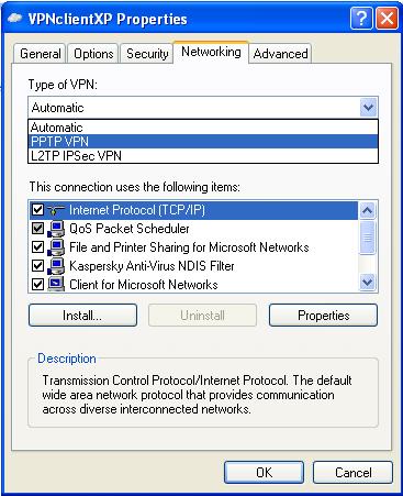 124 Gambar 4.19 Setting protokol yang digunakan pada client VPN Windows XP Yang kedua adalah pengaturan firewall.