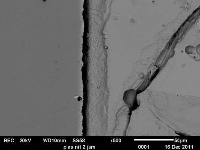 µm 2,0 µm. Pada proses nitridasi, ionion nitrogen yang terdeposisi pada permukaan paduan FeCrNi selanjutnya berdifusi dan larut secara intersisi membentuk lapisan nitrida besi (FeN).