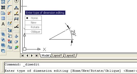 4.3.15 Dimension Edit Kegunaan: Perintah untuk mengganti efek suatu text pengukuran di object gambar. Cara menggunakan Dimension Edit di object gambar: 1.