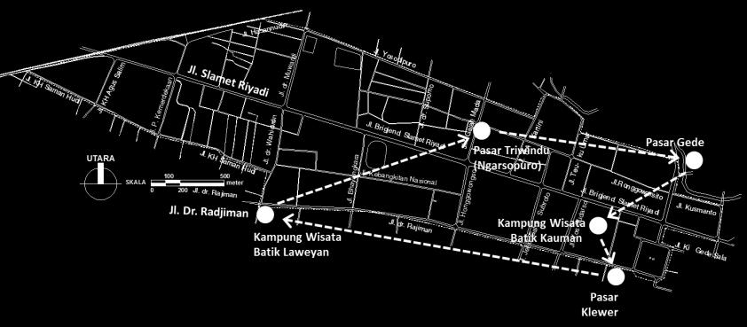 Membuat jalur penjelajahan dengan rute : Kampung Wisata Batik Kauman Pasar Klewer kampung Wisata Batik Laweyan Pasar Triwindu (Ngarsopuro) Pasar Gede kembali ke Kampung Wisata Batik Kauman. Gambar 6.