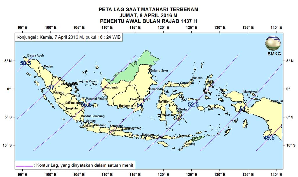 6. Peta Lag Pada Gambar 5 ditampilkan peta Lag untuk pengamat di Indonesia pada tanggal 8 April 2016. Lag adalah selisih waktu terbenam Bulan dengan waktu terbenam Matahari.