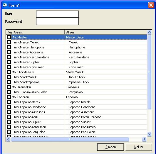 4.5.11 Tampilan Form User Akses Form user akses berguna untuk menambah atau mengurangi item tampilan pada form