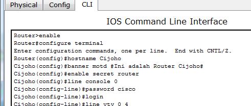 sebelumnya di router dengan notasi > maka kita ubah ke notasi router # dengan mengetikan perintah Router> enable maka berubah menjadi Router#.