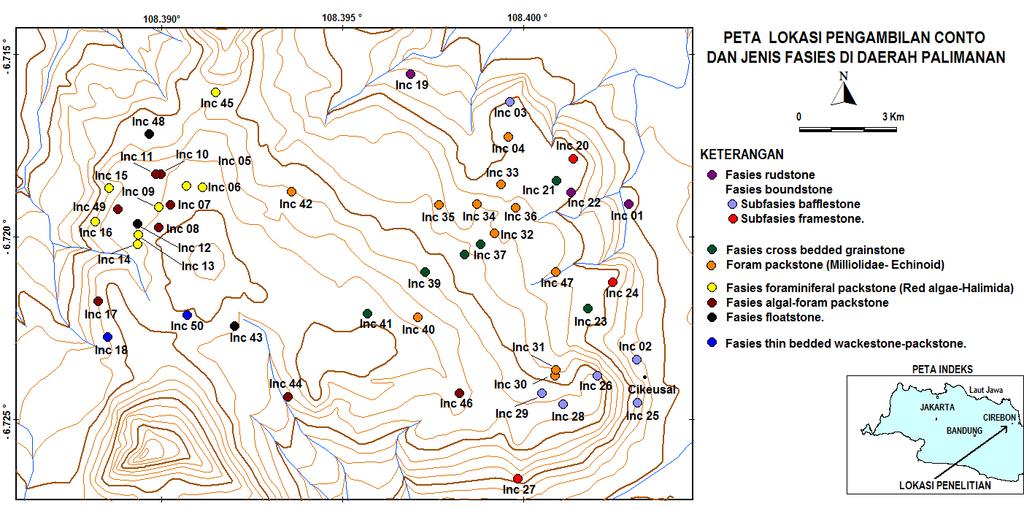 Gambar 2. Peta lokasi pengambilan conto batuan dan jenis fasies di daerah penelitian.