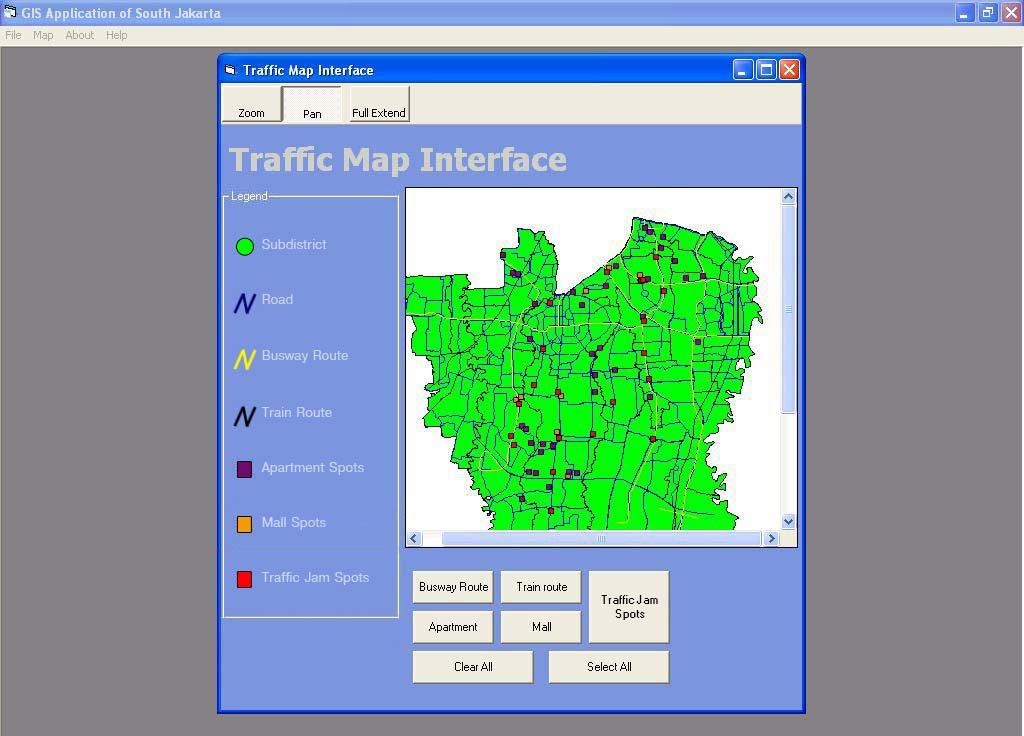 108 e. Traffic Jam Spots, untuk menampilkan/menyembunyikan titik-titik rawan macet. f. Clear All, untuk menyembunyikan semua rute dan jalan. g. Select All, untuk menampilkan semua rute dan jalan.