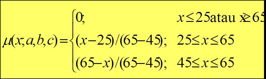 Langkah-langkahnya : [1] Ketik seperti tampilan berikut : A B 1 umur Tua 2 45 3 55 [2] Letakkan Kursor di sel B2 untuk mencari nilai keanggotaan 45, dengan rumus sebagai berikut :