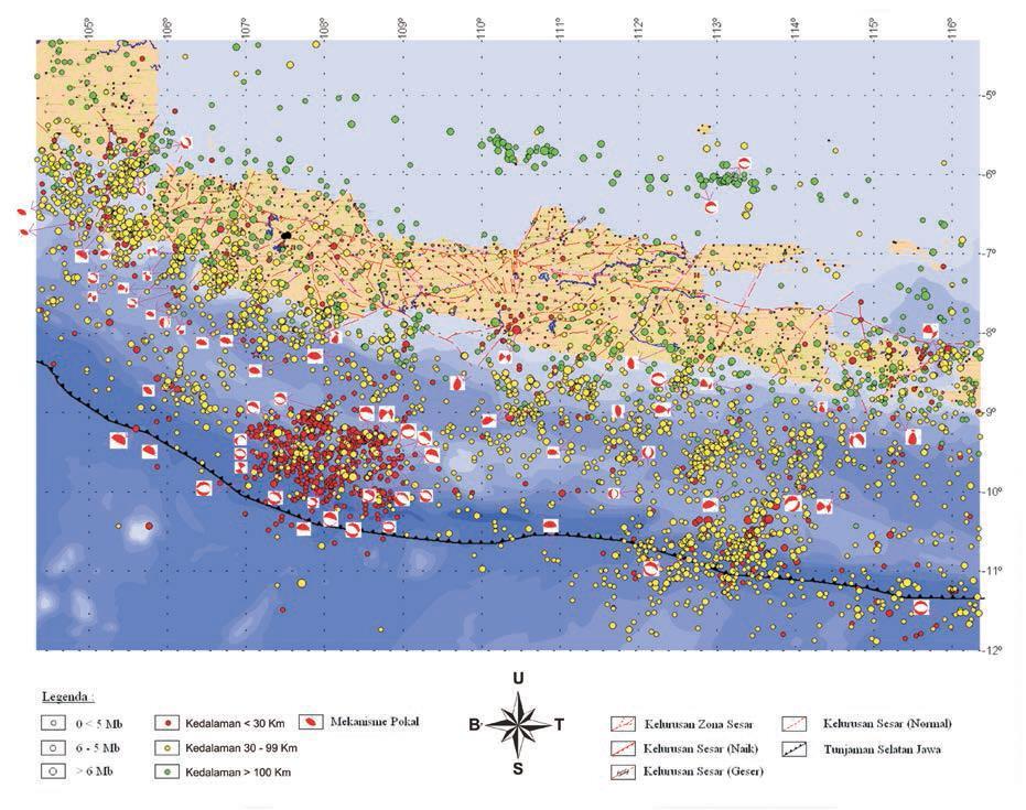4 Gambar I. 4. Peta seismotektonik Jawa dan Bali. (Soehaimi, 2008) Gambar I.4. menunjukkan bahwa gempa yang kuat dan dangkal berasal dari zona subduksi yang berada di selatan pulau jawa.