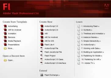 11 Gambar II.1. Tampilan layar saat pertama kali membuka Adobe Flash CS6 ( Sumber : Madcoms Madiun, 2012 : 2). 1.