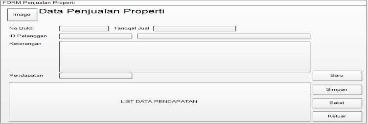 33 4. Rancangan Input Data Penjualan Properti Gambar III.23 Form Penjualan Properti III.3.2.3. Desain Database Pada tahap ini lakukan perancangan database yang terdiri dari Kamus data, normalisasi, disain tabel dan relasi antar tabel.