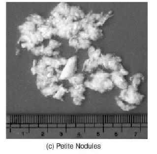 Terdapat 3 macam bentuk serat selulosa yang digunakan, yaitu macro nodules, discrete fibers, dan petite nodules seperti yang terlihat pada gambar 3a, 3b, dan 3c. Gambar 3.