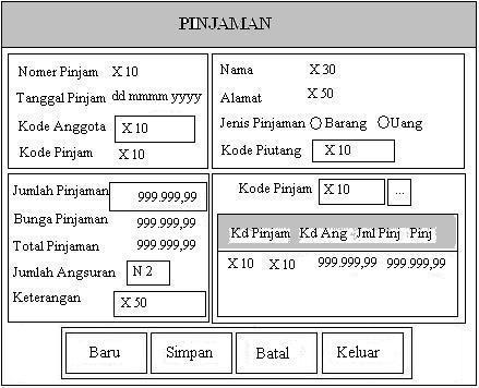 58 Gambar 4.40 menunjukkan desain input pinjaman. Form ini akan digunakan untuk menyimpan data pinjaman anggota.