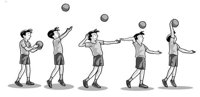 5) Tangan kanan mengayun (gambar 1.4.d) dan segera memukul bola (gambar 1.4.e). a b c d e Gambar 1.4 Langkah a-e adalah cara melakukan servis di atas kepala.