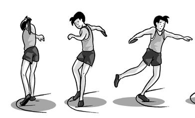 (2) Badan berputar kembali ke depan, dengan posisi kaki kiri di depan dan posisi kaki kanan sedikit terangkat.