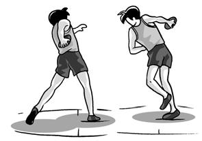 (3) Kaki kanan yang berada di belakang kemudian diayunkan sambil memutar badan ke samping kanan (gambar 3.5.(c)).