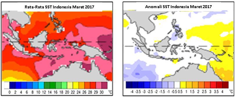 Suhu muka laut perairan Indonesia Kondisi anomali suhu muka laut di perairan Indonesia pada Maret 2017 berkisar antara -1.0 hingga +1.