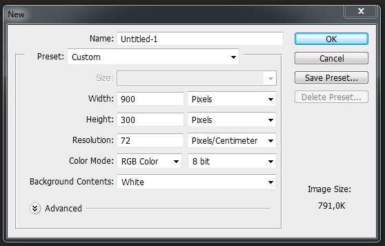 Kita akan membuat dokumen baru Klik File > New Width 900, Height 300 Resolusi 72 Pixels/ Inch Color Mode