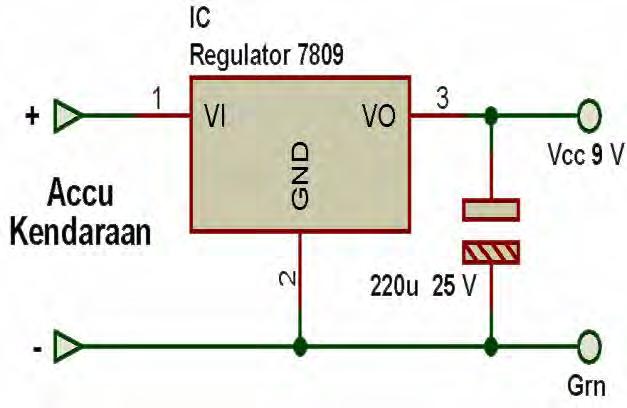 26 3.3.1 Rangkaian Accu Rangkaian accu ini berfungsi untuk mengubah tegangan yang ada dari 12 volt DC pada kendaraan bermotor menjadi 9 volt DC.