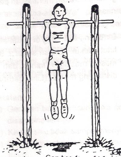 60 b) Gerakan Dengan bantuan tolakan kedua kaki, peserta melompat ke atas sampai mencapai sikap bergantung siku tekuk, dagu berada di atas palang tunggal. Sikap tersebut dipertahankan selama mungkin.