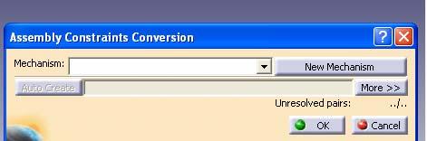 Klik icon Assembly Constraints Conversion pada toolbar > akan muncul jendela Assembly Constraints Conversion di kanan
