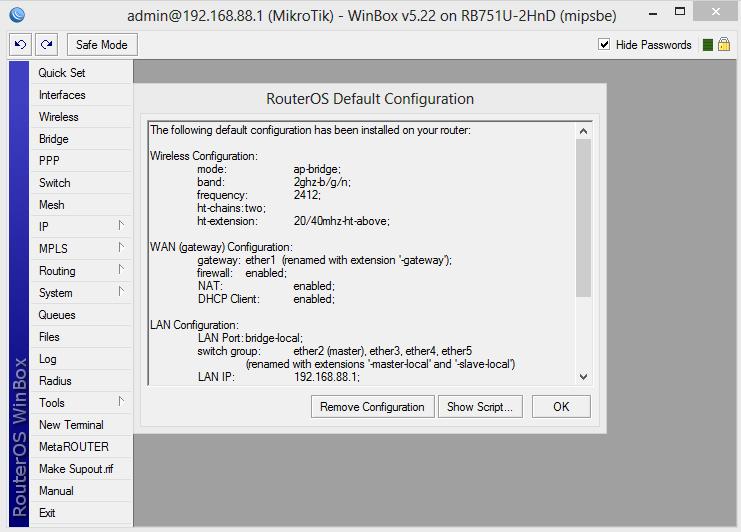 54 Gambar 4.10 Tampilan WinBox Untuk menghapus konfigurasi awal dari router tekan tombol Remove Configuration. Setelah itu update mikrotik dengan versi yang baru. Pilih menu Files.