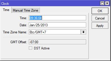 103 4.4.2.10 Setting Time and Date Untuk melakukan pengaturan waktu dan tanggal, pilih di bagian menu system > clock. Setelah masuk akan muncul window seperti berikut: Gambar 4.