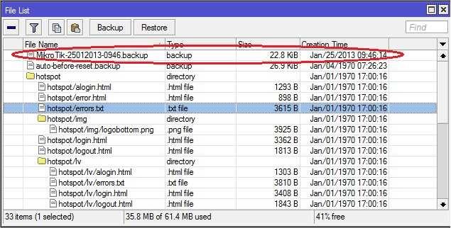 104 4.4.2.11 Backup Konfigurasi Setelah selesai membuat konfigurasi untuk router, langkah selanjutnya adalah melakukan pembuatan file backup untuk konfigurasi yang telah dibuat.