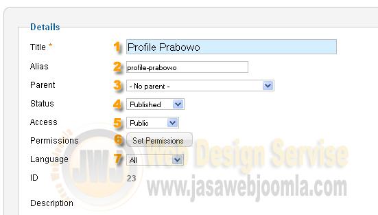 Masukan bidang berikut: 1. Title : Nama Kategorinya. Ini akan menunjukkan sebagai judul halaman jika Anda memiliki pengaturan untuk menunjukkan hal ini. (Contoh: Profile Prabowo). 2.