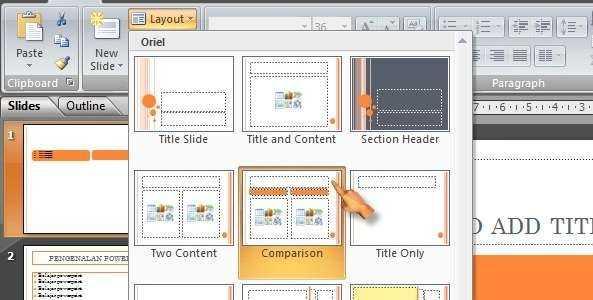 15 Klik model slide yang ingin Anda masukkan. Sebuah slide baru dengan tata letak yang dipilih akan muncul di bagian tengah jendela PowerPoint dan dalam panel di sebelah kiri.
