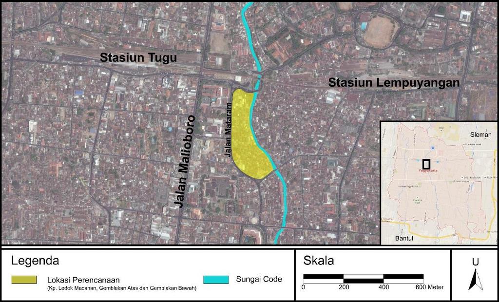 1.4 Ruang Lingkup Perencanaan 1.4.1 Lokasi Perencanaan Lokasi perencanaan ini terletak di permukiman tepian Sungai Code pusat Kota Yogyakarta yang terletak di samping kanan kiri Sungai Code (sebelah