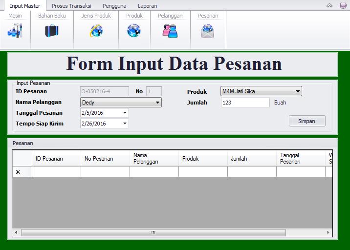110 4.2.8 Form Master Pesanan Form master pesanan digunakan untuk memasukkan data pesanan. Tampilan form master pesanan dapat dilihat pada Gambar 4.12.