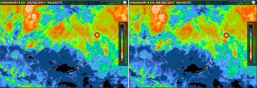 Gambar 9. Citra Satelit Himawari 8 EH Jam 07.00 dan 07.30 UTC Tgl. 04 Juni 2017 Gambar 10.