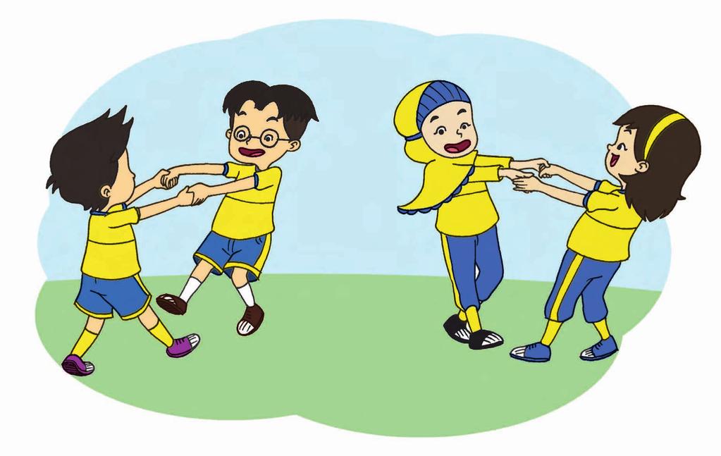 2 Siti dan teman-teman bermain di halaman sekolah. Mereka bermain dengan gembira. Bermain tarik-menarik sambil berolahraga. Gerakan menarik ke kiri ke kanan.