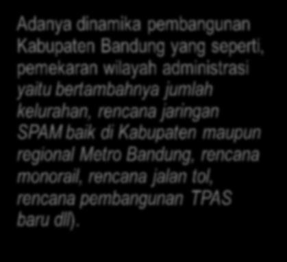 LATAR BELAKANG DILAKSANAKAN REVIEW RTRW (2) Adanya dinamika pembangunan Kabupaten Bandung yang seperti, pemekaran wilayah