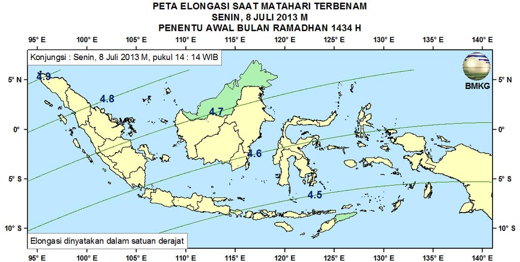 4. Peta Elongasi Pada Gambar 3 ditampilkan peta elongasi untuk pengamat di Indonesia saat matahari terbenam tanggal 8 Juli 2013.