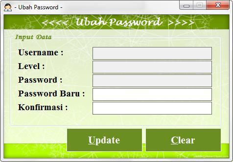 94 7. Form Ubah Password ini merupakan tampilan form ubah password, berfungsi untuk mengubah password admin dan pasien. Gambar tampilan form ubah password ditunjukkan pada gambar IV.7. Gambar IV.7. Form Ubah Password 8.