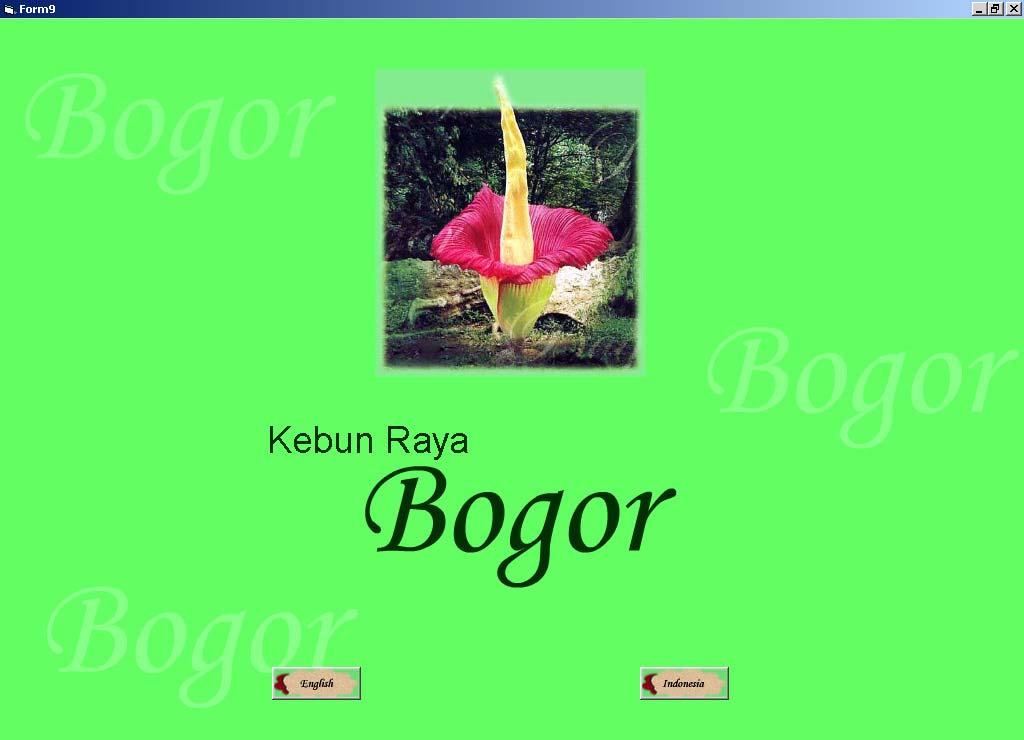 cuplikan gambar bunga bangkai yang terkenal di KRB yang diiringi alunan musik. Dalam layar ini terdapat menu bahasa yang terdiri dari bahasa Indonesia dan bahasa Inggris.