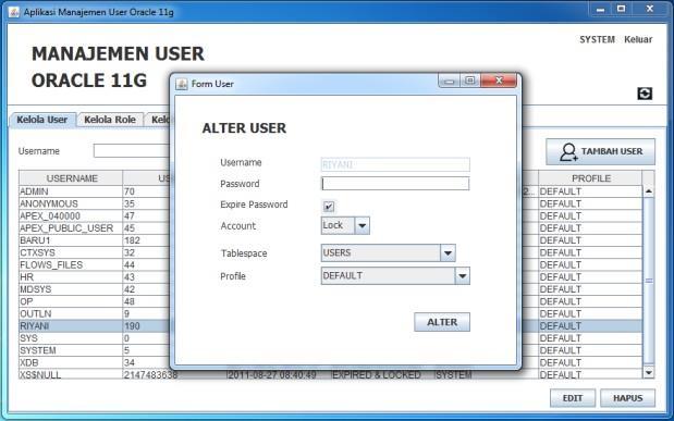 User yang memiliki roles DBA saja yang dapat masuk ke aplikasi. Gambar 7 Halaman untuk Edit User 4.