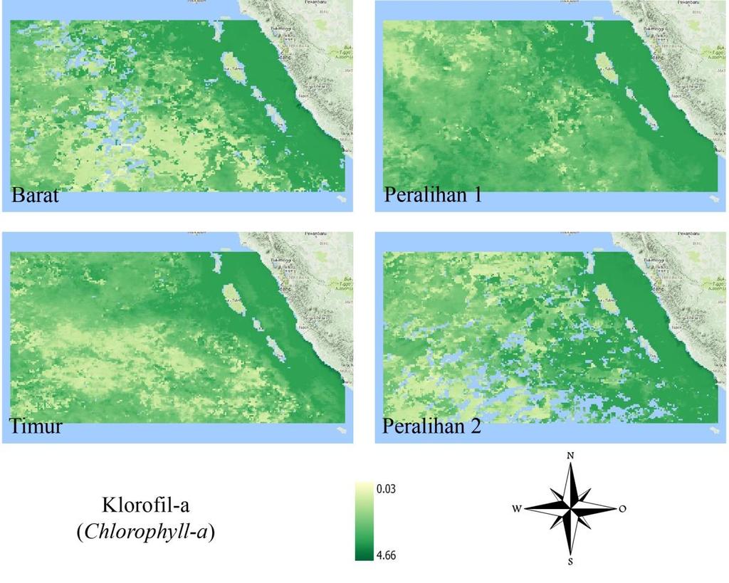 Gambar 3. Sebaran Spasial Klorofil-a Musiman Tahun 2013 Nilai rata-rata konsentrasi klorofil-a pada kawasan penelitian untuk setiap musimnya tidak mengalami fluktuasi yang tinggi.