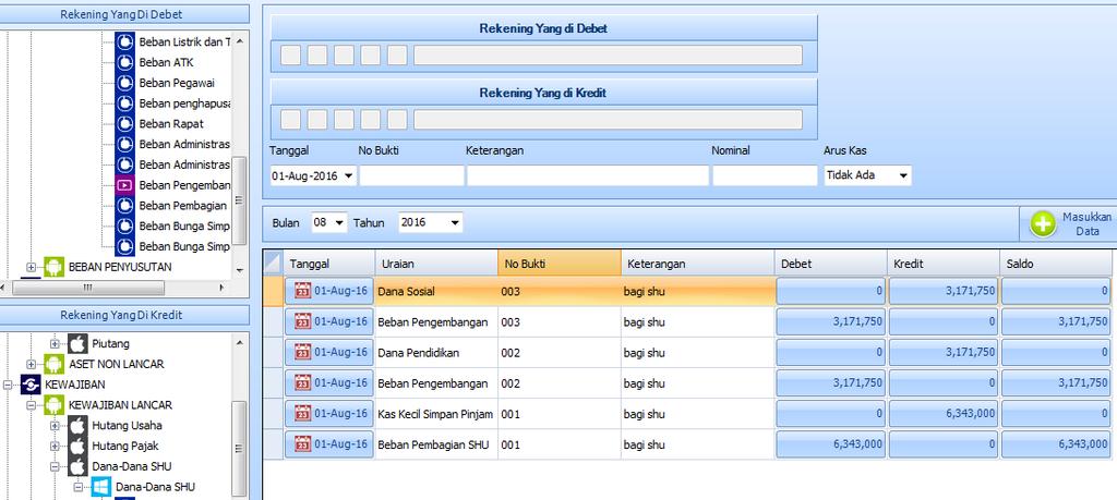 7) Jurnal Umum Bagi SHU Gambar 4.13 Form Bagi SHU Form jurnal umum digunakan untuk menginput transaksi jurnal umum yang terdapat dalam Koperasi Wahana Arta Nugraha Semarang.