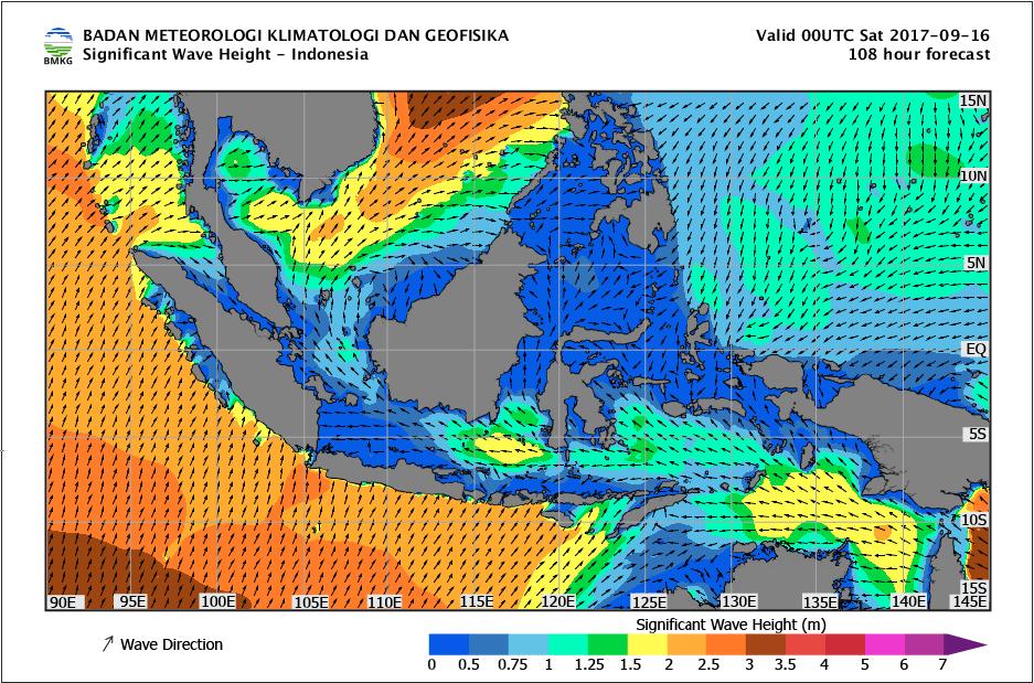 Sabtu, 16 September 2017 Perairan Bagian Barat Lampung, Selat Sunda bagian Selatan, Perairan Selatan Pulau Jawa, Bali dan NTB, Perairan Masalembu, Selat Makassar bagian Selatan, Perairan Selatan