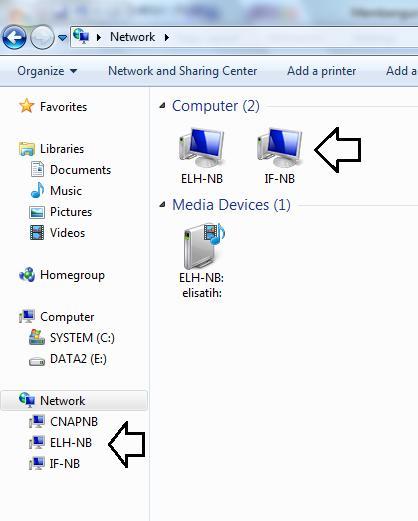 Mengakses shared folder Buka Windows Explorer, pada bagian Network akan tampak sejumlah